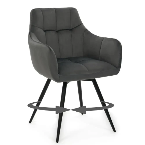 Krzesło obrotowe Nela szare welurowe z automatycznym powrotem – widok z przodu pod kątem, tapicerowane podłokietniki, przeszywane oparcie, czarne metalowe nogi i grafika mechanizmu obrotowego.