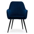 Krzesło tapicerowane EMALIA granatowe welurowe z podłokietnikami – widok z przodu, wysokie oparcie z pionowymi przeszyciami, miękkie siedzisko i czarne metalowe nogi