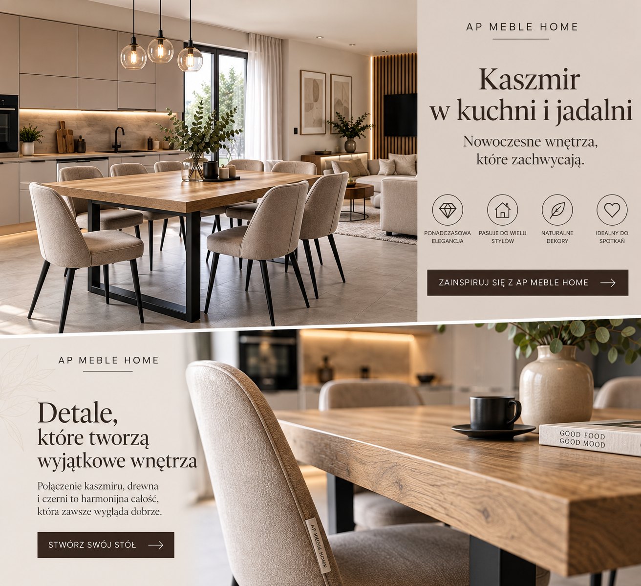 Kaszmirowe wnętrze z drewnianym stołem – inspiracja AP MEBLE HOME