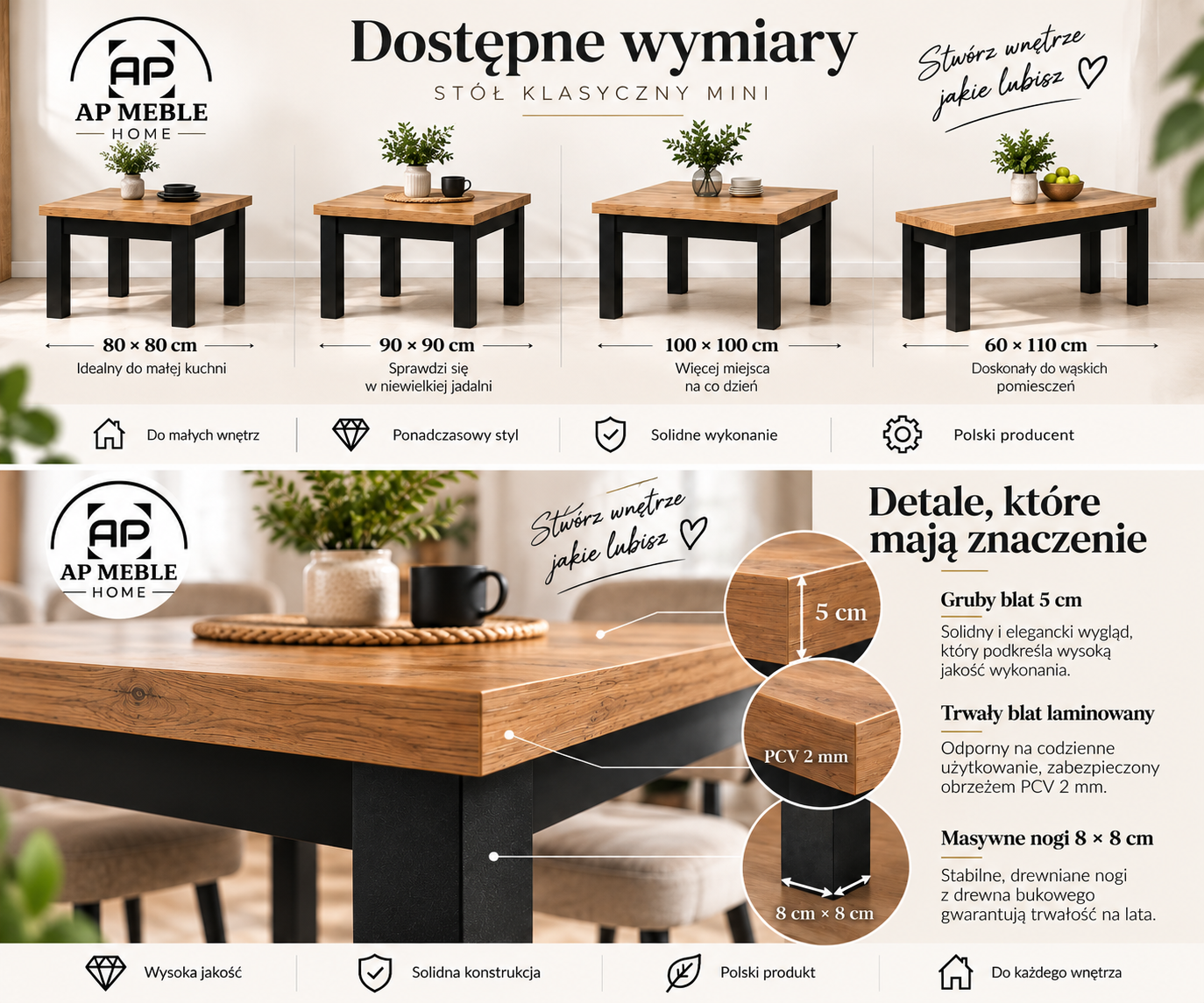 Stół Klasyczny Mini – dostępne wymiary 80x80, 90x90, 100x100 i 60x110 cm